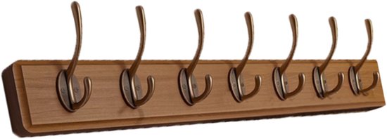 Houten Wandkapstok met 7xDubbele Haak, Wandgarderobe 70 cm Walnoot Massief Hout- Schroefvrije Montage, 25kg Draagvermogen, Aluminium Antiroest (Montagekit) - voor Badkamer/Deur/Garderobe