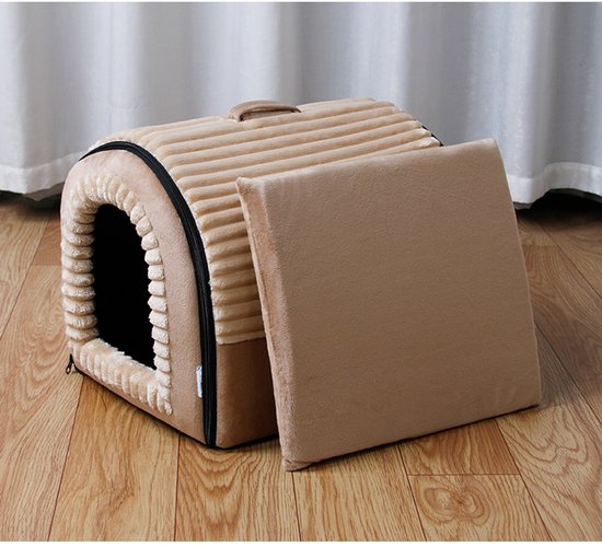 Hondenmand & Kattenhuis - 43*39*37CM - Luxe Huisdierbed - Opvouwbaar tot Sofa- Met Uitneembaar Kussen&Handvat - Wasbaar & Anti-slip - voor Middelgrote & Kleine Honden - Geschikt voor Alle Kittens - Indoor Iglo Slaapplek - Winter Warme Slaapzak -Beige