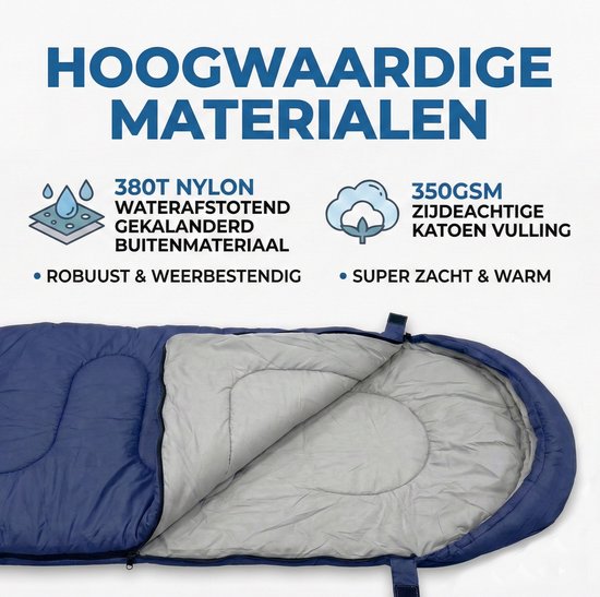 Lichtgewicht Slaapzak 1.5kg voor Volwassenen - Compacte Envelop Slaapzak met Capuchon - 220x75 cm - Waterafstotend 380T Nylon - 4 Seizoenen - Machine Wasbaar - Ideaal voor Kamperen, Logeren & Wandelen - 2×Wegs Rits Inclusief Compressiezak - Blauw