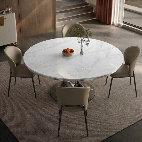 Ronde Eettafel Set met 4 Stoelen - eettafel marmerlook - Stalen poten - Glanzende afwerking - Onderhoudsvriendelijk - Sintered Stone (Keramiek) 12mm met Metalen Rand - Ø 150 cm - Sneeuwwit - Microvezel Leer & Koolstofstaal
