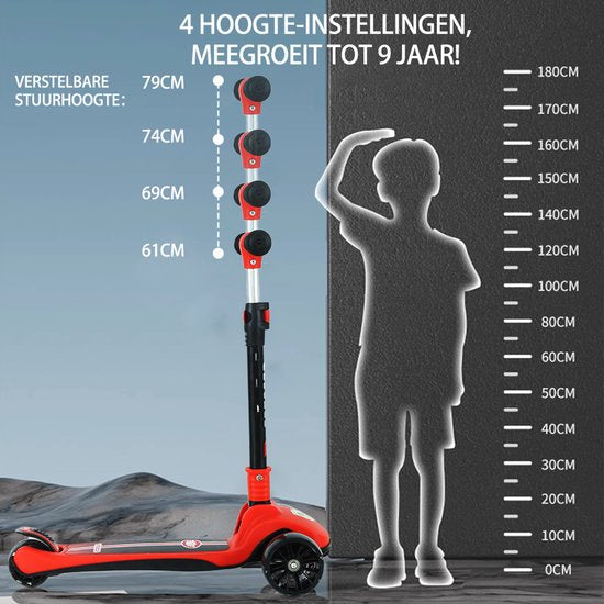 Kinderstep - 3 Lichtgevende LED Wielen - Hoogte Verstelbaar - Jongens/Meisjes - 4 Hoogtes (60-75cm) - Step Eénknops Opvouwbaar - Geschikt voor 2-9 Jaar - Rood