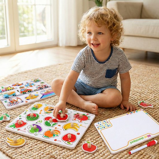 Educatieve Houten Knoppenpuzzel - Fruit - 2-in-1 Vormenpuzzel & Whiteboard inclusief Stift - Montessori Speelgoed voor Peuters - Blokpuzzel kind - Educatief Spel voor 3 4 5 6 7 Jaar - Ontwikkeling Fijne Motoriek
