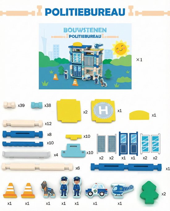 Houten Bouwstenen Set met Pen-en-Gatverbinding - Politiebureau - 3D Puzzel & Constructie Speelgoed - Hout blokjes Peuter Cadeau - Rollenspellen - Bouwblokken - Educatief Montessori Speelgoed voor Kinderen - Vanaf 3 Jaar - Blauw