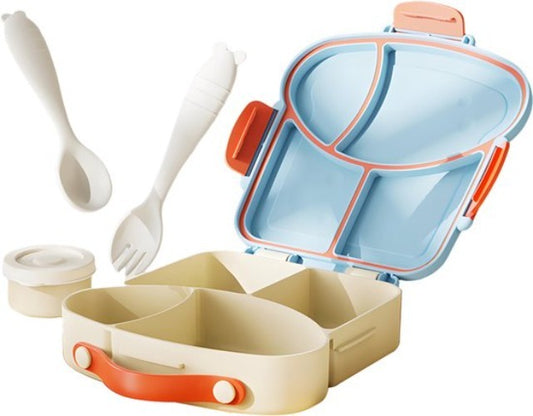 Lunchbox met sausbox ‌en bestek‌ - Lekvrij Bento Box 900ml voor Diepvries, Vaatwasser & Magnetronbestendig - met Silicone Afdichtring - met 4 Vakken Voor volwassenen en kinderen‌ - Blauw - 20.5×21.5×5cm - 100% Lekvrij, BPA-vrij & Magnetronbestendig