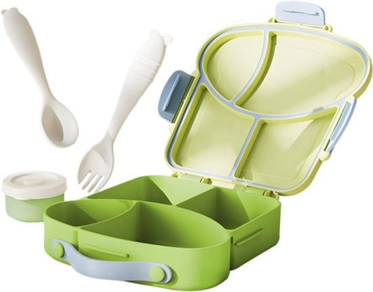 Lunchbox met sausbox ‌en bestek‌ - Lekvrij Bento Box 900ml voor Diepvries, Vaatwasser & Magnetronbestendig - met Silicone Afdichtring - met 4 Vakken Voor volwassenen en kinderen‌ - Groen -20.5×21.5×5cm - 100% Lekvrij, BPA-vrij & Magnetronbestendig
