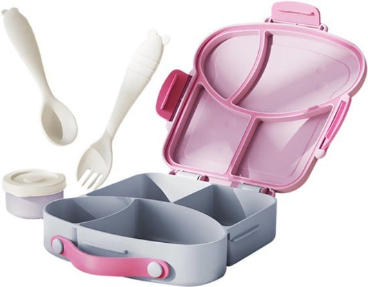 Lunchbox met sausbox ‌en bestek‌ - Lekvrij Bento Box 900ml voor Diepvries, Vaatwasser & Magnetronbestendig - met Silicone Afdichtring - met 4 Vakken Voor volwassenen en kinderen‌ - Paars -20.5×21.5×5cm - 100% Lekvrij, BPA-vrij & Magnetronbestendig
