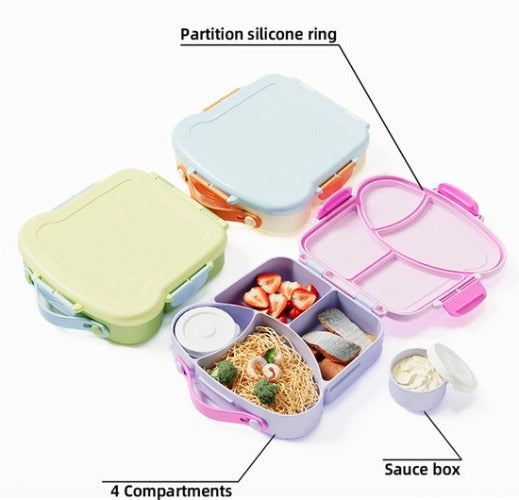 Lunchbox met sausbox ‌en bestek‌ - Lekvrij Bento Box 900ml voor Diepvries, Vaatwasser & Magnetronbestendig - met Silicone Afdichtring - met 4 Vakken Voor volwassenen en kinderen‌ - Blauw - 20.5×21.5×5cm - 100% Lekvrij, BPA-vrij & Magnetronbestendig