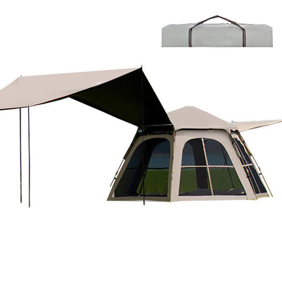 Pop-up Familietent met XXL Zonnescherm - 4-Persoons Koepeltent - Opzetten in 3 Seconden - Inclusief Voorluifel voor Extra Leefruimte - Waterdichte kampeertent - pop up tent voor Kamperen - festival tent + Draagtas - Kaki
