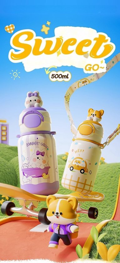 316 RVS Kinder Thermosfles & Kinderdrinkfles met Rietje en Drinktuit - 500ml Lekvrije Schoolbeker voor Meisjes & Jongens - 12u Warm/Koud Isoleerfles - BPA-Vrij & Food Grade - Ideaal Cadeau voor School, Sport & Onderweg - Met koord - konijnen
