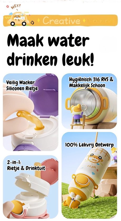316 RVS Kinder Thermosfles & Kinderdrinkfles met Rietje en Drinktuit - 500ml Lekvrije Schoolbeker voor Meisjes & Jongens - 12u Warm/Koud Isoleerfles - BPA-Vrij & Food Grade - Ideaal Cadeau voor School, Sport & Onderweg - Met koord - Corgi Hond