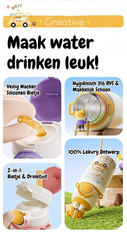 316 RVS Kinder Thermosfles & Kinderdrinkfles met Rietje en Drinktuit - 500ml Lekvrije Schoolbeker voor Meisjes & Jongens - 12u Warm/Koud Isoleerfles - BPA-Vrij & Food Grade - Ideaal Cadeau voor School, Sport & Onderweg - Met koord - konijnen