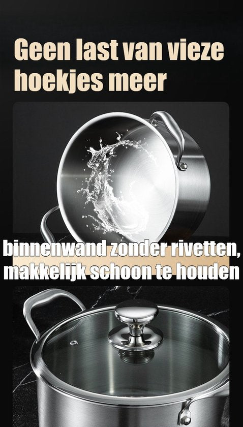 RVS Soeppan met Glazen Deksel - Ø 26 cm - 4.5 Liter - Geschikt voor Inductie & Gas - Hoge Kookpan - Zilver - PFAS-vrij - Grote Roestvrij Stalen Bouillonpan & Stamppotpan - Vaatwasserbestendig