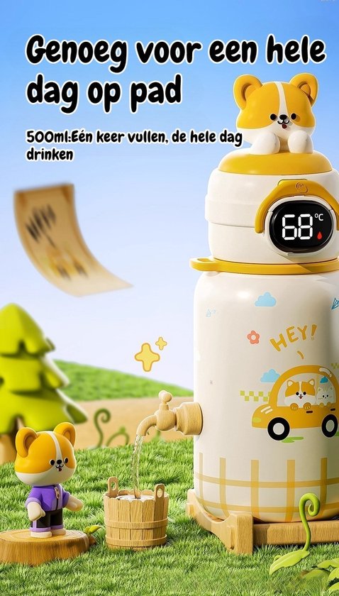 316 RVS Kinder Thermosfles & Kinderdrinkfles met Rietje en Drinktuit - 500ml Lekvrije Schoolbeker voor Meisjes & Jongens - 12u Warm/Koud Isoleerfles - BPA-Vrij & Food Grade - Ideaal Cadeau voor School, Sport & Onderweg - Met koord - kitten