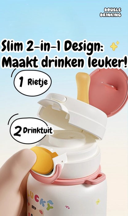 316 RVS Kinder Thermosfles & Kinderdrinkfles met Rietje en Drinktuit - 500ml Lekvrije Schoolbeker voor Meisjes & Jongens - 12u Warm/Koud Isoleerfles - BPA-Vrij & Food Grade - Ideaal Cadeau voor School, Sport & Onderweg - Met koord - konijnen
