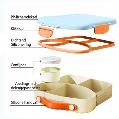 Lunchbox met sausbox ‌en bestek‌ - Lekvrij Bento Box 900ml voor Diepvries, Vaatwasser & Magnetronbestendig - met Silicone Afdichtring - met 4 Vakken Voor volwassenen en kinderen‌ - Blauw - 20.5×21.5×5cm - 100% Lekvrij, BPA-vrij & Magnetronbestendig