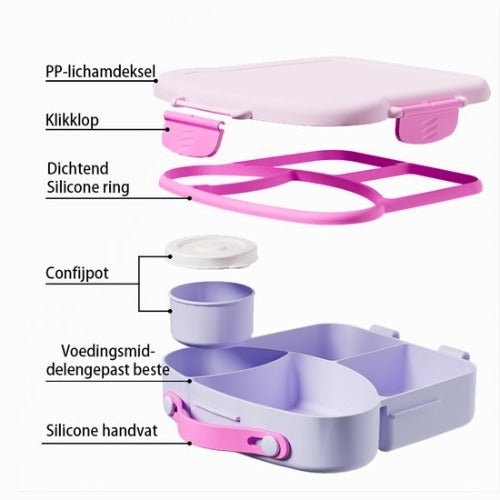 Lunchbox met sausbox ‌en bestek‌ - Lekvrij Bento Box 900ml voor Diepvries, Vaatwasser & Magnetronbestendig - met Silicone Afdichtring - met 4 Vakken Voor volwassenen en kinderen‌ - Paars -20.5×21.5×5cm - 100% Lekvrij, BPA-vrij & Magnetronbestendig