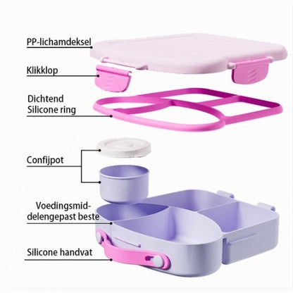 Lunchbox met sausbox ‌en bestek‌ - Lekvrij Bento Box 900ml voor Diepvries, Vaatwasser & Magnetronbestendig - met Silicone Afdichtring - met 4 Vakken Voor volwassenen en kinderen‌ - Paars -20.5×21.5×5cm - 100% Lekvrij, BPA-vrij & Magnetronbestendig