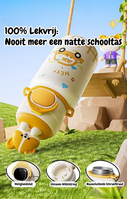 316 RVS Kinder Thermosfles & Kinderdrinkfles met Rietje en Drinktuit - 500ml Lekvrije Schoolbeker voor Meisjes & Jongens - 12u Warm/Koud Isoleerfles - BPA-Vrij & Food Grade - Ideaal Cadeau voor School, Sport & Onderweg - Met koord - kitten
