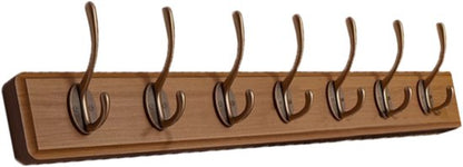 Houten Wandkapstok met 7xDubbele Haak, Wandgarderobe 70 cm Walnoot Massief Hout- Schroefvrije Montage, 25kg Draagvermogen, Aluminium Antiroest (Montagekit) - voor Badkamer/Deur/Garderobe