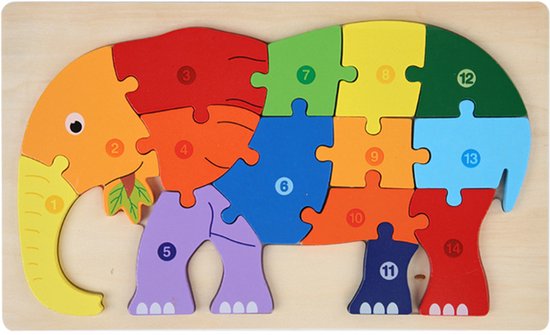 Houten Blokpuzzel-Montessori Speelgoed-3D puzzel-Kinderen-3 Jaar-Gift-Cadeau-14stuks-Olifant, Educatief Spel voor 3 4 5 6 7 Jaar, Cadeau voor Jongens en Meisjes
