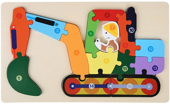 Houten Blokpuzzel-Montessori Speelgoed-3D puzzel-Kinderen-3 Jaar-Gift-Cadeau-15stuks-Graafmachine, Educatief Spel voor 3 4 5 6 7 Jaar, Cadeau voor Jongens en Meisjes