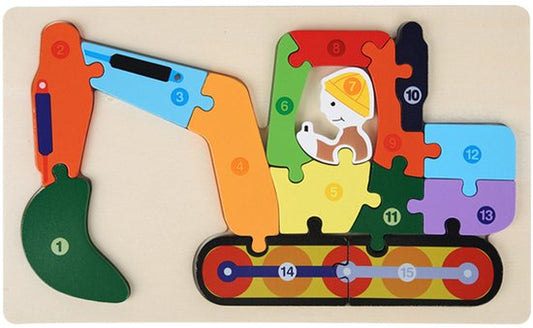 Houten Blokpuzzel-Montessori Speelgoed-3D puzzel-Kinderen-3 Jaar-Gift-Cadeau-15stuks-Graafmachine, Educatief Spel voor 3 4 5 6 7 Jaar, Cadeau voor Jongens en Meisjes