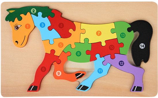 Houten Blokpuzzel-Montessori Speelgoed-3D puzzel-Kinderen-3 Jaar-Gift-Cadeau-14stuks-Paard, Educatief Spel voor 3 4 5 6 7 Jaar, Cadeau voor Jongens en Meisjes