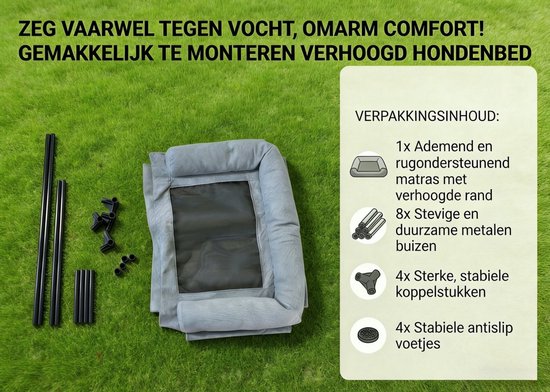Hondenstretcher - 83x61x17 cm - Verhoogd Hondenbed met Hoofdkussen - Hondenligbed - Ademend Zomerbed - Hondenmand op Poten - Gewrichtsvriendelijk - Hondencampingbed - Tot 30 kg - Grijs