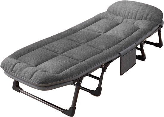 Veldbed - Camping bed - Logeerbed met Kussen- Opvouwbaar Kampeerbed - 190x66x30 cm - Strandbed - Versterkt 8-Poots - Met 3x Lendensteun - Stevig Kussen - Inklapbaar - Antraciet/Grijs - Ideaal voor Tuin, Kamperen & Reis