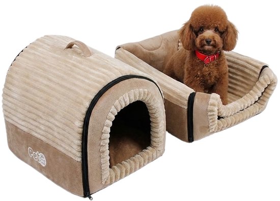 Hondenmand & Kattenhuis - 43*39*37CM - Luxe Huisdierbed - Opvouwbaar tot Sofa- Met Uitneembaar Kussen&Handvat - Wasbaar & Anti-slip - voor Middelgrote & Kleine Honden - Geschikt voor Alle Kittens - Indoor Iglo Slaapplek - Winter Warme Slaapzak -Beige