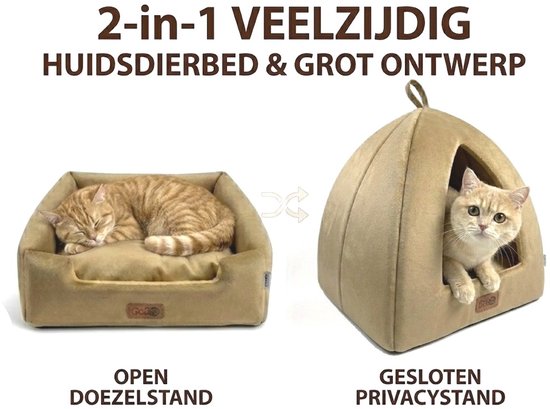 Kattenmand - 2-in-1 Kattenbed - Kattenhuis - Poezenmand - Dierenmand - 48*45*45cm - Opvouwbare Huisdier Tent - Open Sofa - Zacht Pluche Slaapplek - Uitneembaar Binnenkussen - Wasbaar & Anti-slip - Geschikt voor kleine honden en alle katten - Khaki