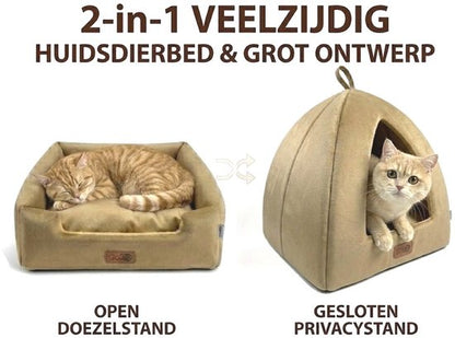 Kattenmand - 2-in-1 Kattenbed - Kattenhuis - Poezenmand - Dierenmand - 48*45*45cm - Opvouwbare Huisdier Tent - Open Sofa - Zacht Pluche Slaapplek - Uitneembaar Binnenkussen - Wasbaar & Anti-slip - Geschikt voor kleine honden en alle katten - Khaki