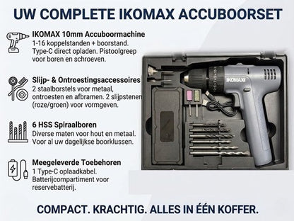 Gevulde Gereedschapskoffer - Accuboormachine Set in Koffer - Complete Gereedschapsset inclusief Handgereedschap en Borenset - 10mm - Type-C Oplaadbaar - Inclusief Schroevendraaiers, Tang en Accessoires - Zwart