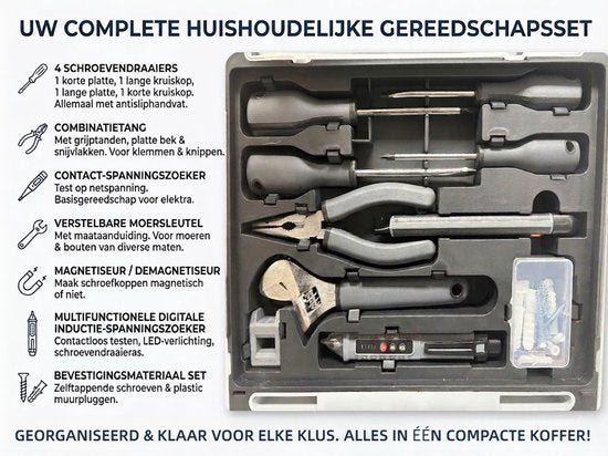 Gevulde Gereedschapskoffer - Accuboormachine Set in Koffer - Complete Gereedschapsset inclusief Handgereedschap en Borenset - 10mm - Type-C Oplaadbaar - Inclusief Schroevendraaiers, Tang en Accessoires - Zwart