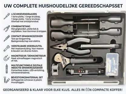 Gevulde Gereedschapskoffer - Accuboormachine Set in Koffer - Complete Gereedschapsset inclusief Handgereedschap en Borenset - 10mm - Type-C Oplaadbaar - Inclusief Schroevendraaiers, Tang en Accessoires - Zwart
