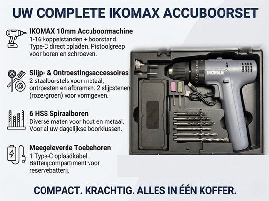 Gevulde Gereedschapskoffer - Accuboormachine Set in Koffer - Complete Gereedschapsset inclusief Handgereedschap en Borenset - 10mm - Type-C Oplaadbaar - Inclusief Schroevendraaiers, Tang en Accessoires - wit