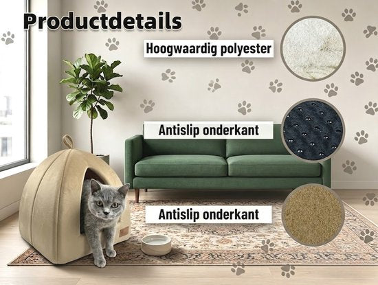 Kattenmand - 2-in-1 Kattenbed - Kattenhuis - Poezenmand - Dierenmand - 48*45*45cm - Opvouwbare Huisdier Tent - Open Sofa - Zacht Pluche Slaapplek - Uitneembaar Binnenkussen - Wasbaar & Anti-slip - Geschikt voor kleine honden en alle katten - Khaki