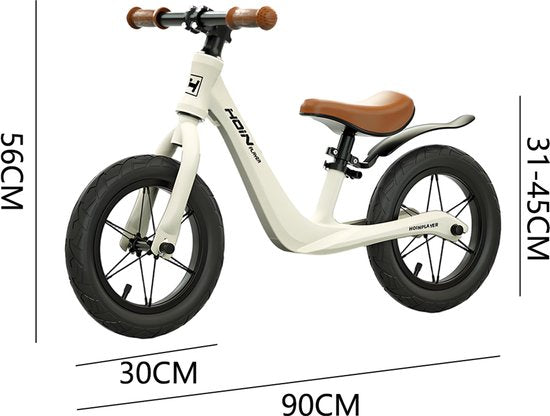 Loopfiets 12 inch met rubberen luchtbanden - Kinderfiets - Lichtgewicht magnesiumframe (0,65 kg) - Inclusief fietspomp - Verstelbaar zadel (31-45 cm) - Totaalgewicht 3,1 kg - Antislip handvatten - Stalen spaken - Voor kinderen vanaf 2 jaar - Wit