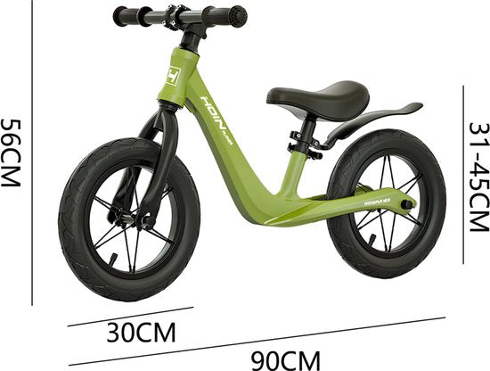 Loopfiets 12 inch met rubberen luchtbanden - Kinderfiets - Lichtgewicht magnesiumframe (0,65 kg) - Inclusief fietspomp - Verstelbaar zadel (31-45 cm) - Totaalgewicht 3,1 kg - Antislip handvatten - Stalen spaken - Voor kinderen vanaf 2 jaar - Groen