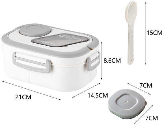 Lunchbox met sausbox ‌en bestek‌, Lekvrij Bento Box 1200ml voor Diepvries, Vaatwasser & Magnetronbestendig, met Silicone Afdichtring, Dubbele Laag met 6 Vakken Voor volwassenen en kinderen‌, ‌Wit-21*14.5*8.6cm