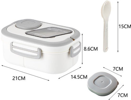 Lunchbox met sausbox ‌en bestek‌, Lekvrij Bento Box 1200ml voor Diepvries, Vaatwasser & Magnetronbestendig, met Silicone Afdichtring, Dubbele Laag met 6 Vakken Voor volwassenen en kinderen‌, ‌Wit-21*14.5*8.6cm