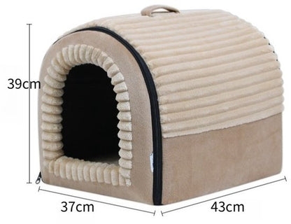Hondenmand & Kattenhuis - 43*39*37CM - Luxe Huisdierbed - Opvouwbaar tot Sofa- Met Uitneembaar Kussen&Handvat - Wasbaar & Anti-slip - voor Middelgrote & Kleine Honden - Geschikt voor Alle Kittens - Indoor Iglo Slaapplek - Winter Warme Slaapzak -Beige