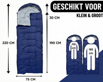 Lichtgewicht Slaapzak 1.5kg voor Volwassenen - Compacte Envelop Slaapzak met Capuchon - 220x75 cm - Waterafstotend 380T Nylon - 4 Seizoenen - Machine Wasbaar - Ideaal voor Kamperen, Logeren & Wandelen - 2×Wegs Rits Inclusief Compressiezak - Blauw