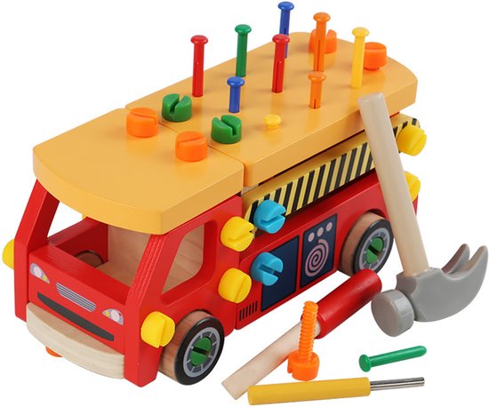 Montessori Tool Trolley Truck – Dismountable Workbench Car – Wooden Construction Toy with PVC Hammer, Nails and Screws, Educational Toy for Fine Motor Skills, Tool Trolley & Truck (Ages 3+, Hand-Planed + Safe Paint) 