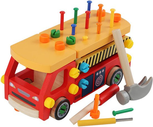 Montessori Gereedschapswagen truck – Demonteerbare Werkbank Auto – Houten Constructiespeelgoed met PVC Hamer, Spijkers en Schroeven, Educatief Speelgoed voor Fijne Motoriek, Gereedschapsauto & Vrachtwagen (3+ Jaar, Handgeschaafd + Veilige Verf)