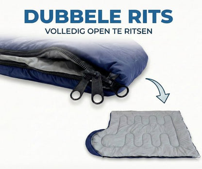 Lichtgewicht Slaapzak 1.5kg voor Volwassenen - Compacte Envelop Slaapzak met Capuchon - 220x75 cm - Waterafstotend 380T Nylon - 4 Seizoenen - Machine Wasbaar - Ideaal voor Kamperen, Logeren & Wandelen - 2×Wegs Rits Inclusief Compressiezak - Blauw
