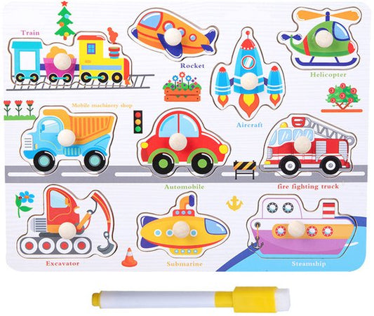 Educatieve Houten Knoppenpuzzel - Voertuigen - 2-in-1 Vormenpuzzel & Whiteboard inclusief Stift - Montessori Speelgoed voor Peuters - Blokpuzzel kind - Educatief Spel voor 3 4 5 6 7 Jaar - Ontwikkeling Fijne Motoriek