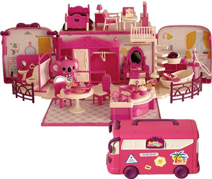 Koala Diary Poppenhuis & Camper Speelset - Uitklapbaar Vakantiehuis Bus met Meubels & Koala Figuur - Mobiel Kinderspeelgoed met Slaapkamer, woonkamer, keuken en toilet - Interactief Rollenspel Speelgoed - Verjaardag Cadeau voor Meisjes 3 Jaar +