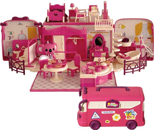 Koala Diary Poppenhuis & Camper Speelset - Uitklapbaar Vakantiehuis Bus met Meubels & Koala Figuur - Mobiel Kinderspeelgoed met Slaapkamer, woonkamer, keuken en toilet - Interactief Rollenspel Speelgoed - Verjaardag Cadeau voor Meisjes 3 Jaar +