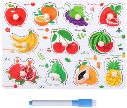Educatieve Houten Knoppenpuzzel - Fruit - 2-in-1 Vormenpuzzel & Whiteboard inclusief Stift - Montessori Speelgoed voor Peuters - Blokpuzzel kind - Educatief Spel voor 3 4 5 6 7 Jaar - Ontwikkeling Fijne Motoriek